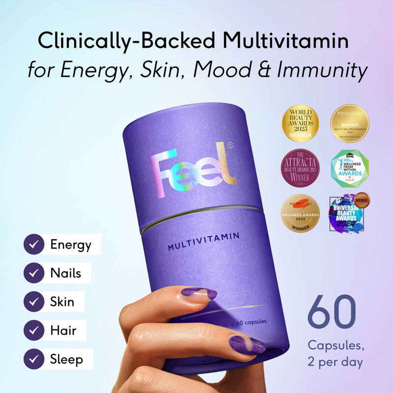FEEL Daily Multivitamin with 32 Active Ingredients 60 Capsules | Vegan Multivitamin with Bioavailable Vitamins, Minerals, & Botanicals | Ingredients Help to Supports Energy, Immunity, & General Health
