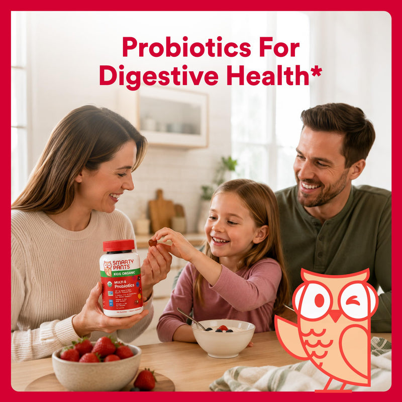 SmartyPants Organic Kids Multivitamin Gummies: Probiotics, Omega 3 (ALA), Vitamin D3, C, Vitamin B12, B6, A, K & Zinc for Immune Support, Biotin, Three Fruit Flavors, 120 Count (30 Day Supply) 30 Servings Organic + Probiotics