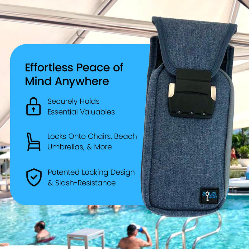 Mini Portable Travel Safe Anti-Theft Lock Box Beach Pool Hotel Gym | Blue mini safe in cut-resistant nylon. Water-resistant with RFID blocking. For phones and valuables at the beach or hotel.