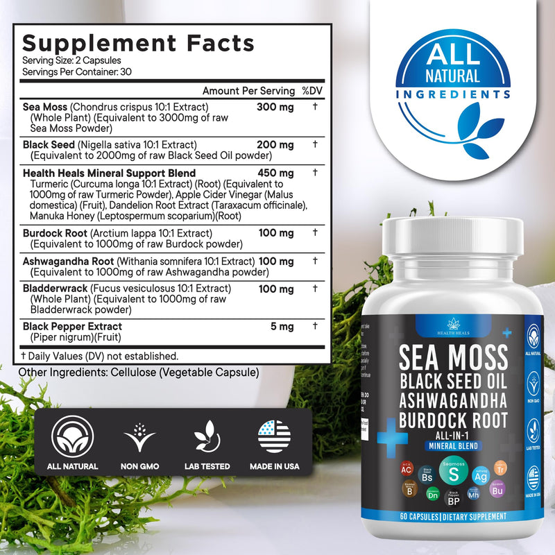 [Australia] - Sea Moss 3000 Black Seed Oil 2000 Ashwagandha 1000 Bladderwrack 1000 Burdock 1000-120 Count 60 Count (Pack of 2) 