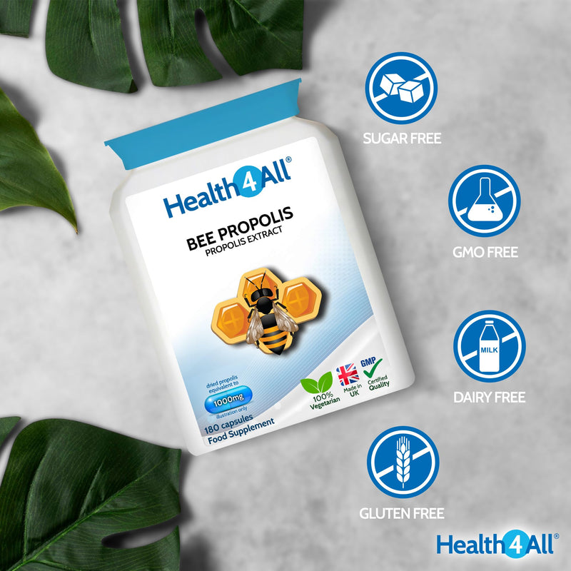 Health4All Bee Propolis 1000mg per Capsule 180 Capsules, High Strength Immune System Booster, Natural Immune Support Supplement (not Tablets) | Made in UK 180 count (Pack of 1)