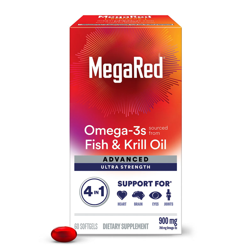 [Australia] - Megared Omega-3 Fish & Krill Oil Supplement 900mg - MegaRed Advanced 4in1, 60 softgels, 2x More Omega-3, Heart, Joint, Brain and Eye Supplement, Red, 60 Count 