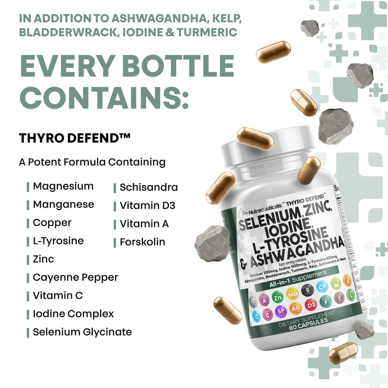 [Australia] - Clean Nutra Selenium 300mcg Iodine 500mcg Thyroid Support for Women & Men | L Tyrosine 500mg Ashwagandha Supplement Bladderwrack, Turmeric, Kelp, Schisandra Zinc Pills Capsule Supplements 