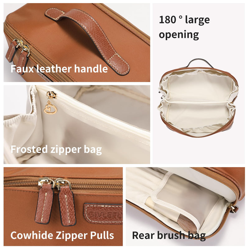 GIVLEFLY Makeup Bag for Women, Large Cosmetic Bag, Travel Toiletry Bag, Waterproof Nylon Organizer with Microfiber Leather, Flat Open for Skincare & Brushes Brown