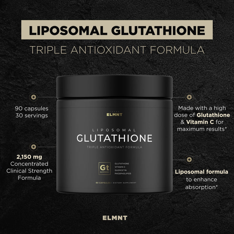 [Australia] - ELMNT 2150mg Super Antioxidant Liposomal Glutathione Supplement w. Vitamin C, Quercetin & Reduced L Glutathione 1000mg - Proven Complex for Best Absorption, Detox, Skin Glow + Immune - 90 Pills 