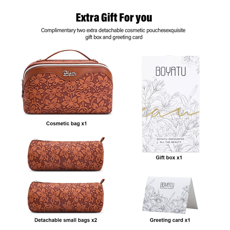 BOYATU Travel Makeup Bag Cosmetic Bags for Women: 3 Pcs Set Make up Bag | Large Capacity Waterproof Vegan Leather Organizer Bags with Compartments - Lay flat Toiletry with Handle (Z-61Brown) Z-61Brown