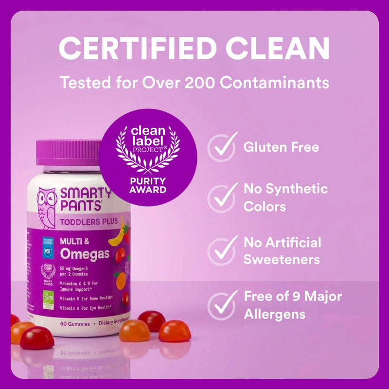 SmartyPants Toddler Multivitamin Gummies, Omega 3 (DHA/EPA), Vitamins D3, C, Vitamin B12, B6, A, K & Zinc, Biotin, Gluten Free, Three Fruit Flavors, 60 Count (30 Day Supply) 60 Count (Pack of 1) Multi + Omega - 30 Day Supply