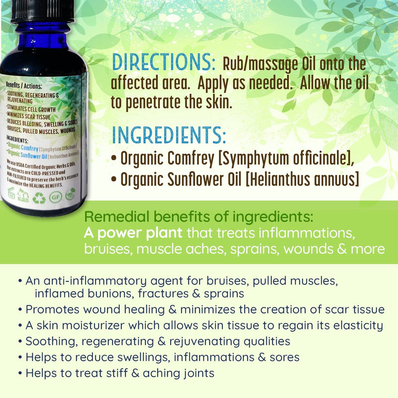 [Australia] - Organic Comfrey Oil – Raw, Infused, Pressed Herbal Oil - Organic Comfrey Leaf & Organic Sunflower Seed Oil (1 fl. oz) 1 Fl Oz (Pack of 1) 