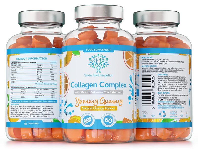 Collagen Complex - 60 Natural Orange Flavour Chewable Yummy Gummies - One a Day 500mg Bovine Collagen, Biotin, Vitamin C, Selenium, Vits B6 and B12 – Healthy Skin and Hair for Men and Women – UK Made 60 Gummies