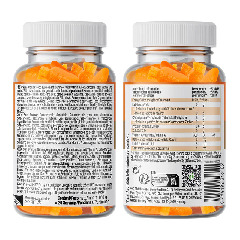 [Australia] - Weider Sun Bronze Gummies (40 pieces) mango-peach flavor, gummies with beta-carotene, lutein and zeaxanthin, supports the tan and protects the skin. Sugar-free and gluten-free, 20 servings 