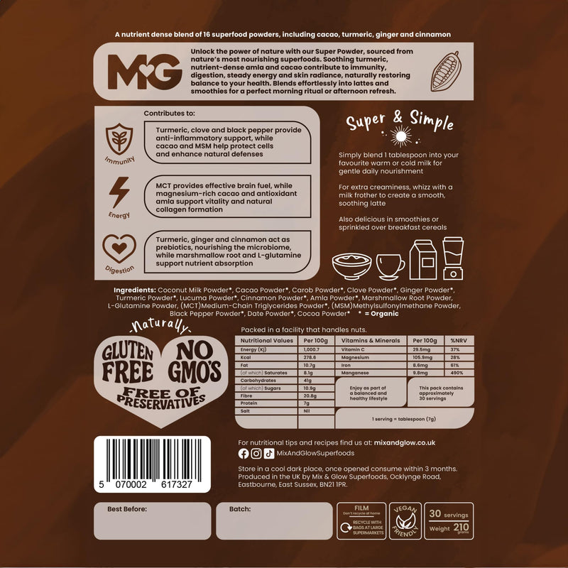 Mix & Glow Super Powder | 16 Advanced Superfoods, Prebiotic Herbs, Greens and Adaptogens Including Turmeric, MCT Oil & Cacao | Vegan & Gluten Free | 30 Servings | Chocolate Indulgence