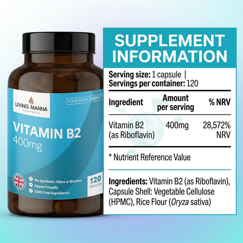 Vitamin B2 Riboflavin 400mg High Strength | 120 Vegan Capsules | Energy, Fatigue & Migraine Support | Pure Riboflavin | UK Made – Living Manna