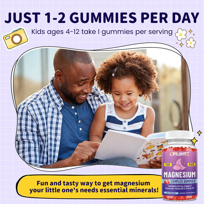 Kids Magnesium Gummies-Magnesium Glycinate Gummies for Kids Supplement-w/Zinc, Chamomile, Omega-3, Vitamin B6, D3 - for Sleep, Relaxation, Brain, Bones, Children's Calm, Sugar Free, 2 Pack Strawberry 60 Count (Pack of 2)