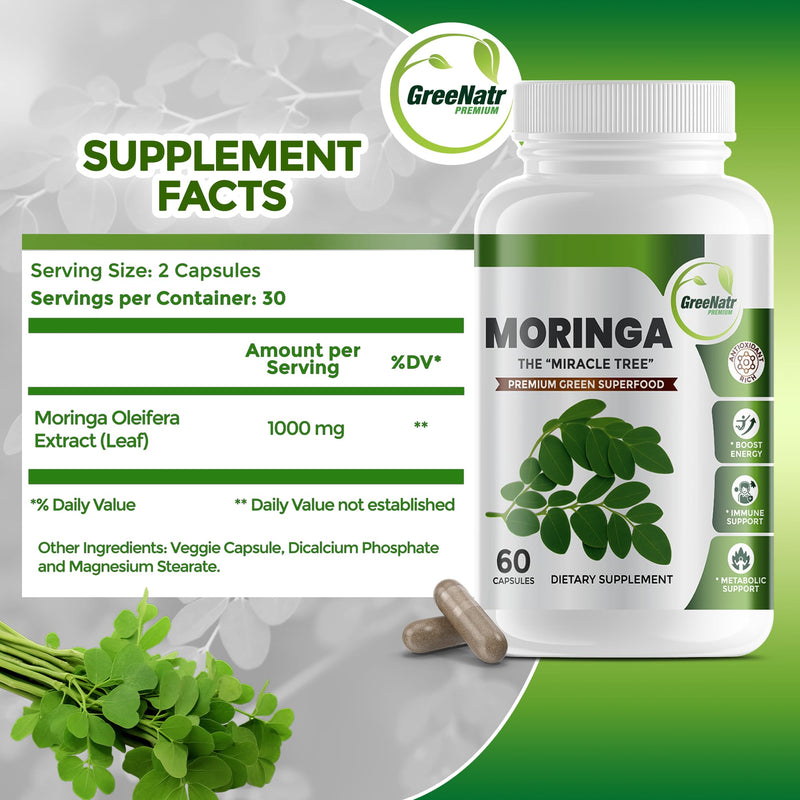 Pure Moringa Oleifera Green Superfood Capsules with Vitamin C, Omega 3 & Amino Acids - Boosts Energy, Mood, Memory, Immune Support - Made from Organic Moringa, Non-GMO - 60 Capsules (1 Bottle) | Boosts Energy, Mood, Memory, Immune Support - Made from O...