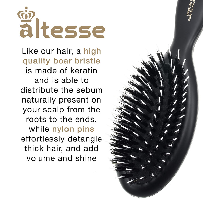 Altesse 8907 Natural Bristle Hair Brush Detangler Brush Medium Air Cushion Matte Black Handle with 7 Rows of Black Boar Bristle and Nylon Hairbrush for Thick Hair Styling and Detangling Made in France Black Bristle/Nylon