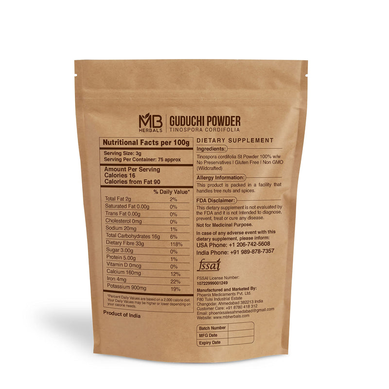 [Australia] - MB Herbals Guduchi Powder 8 oz / 0.5 LB (227 Gram) | Wildcrafted Guduchi Powder | Neem-Giloy | Processed from The Stems of Tinospora cordifolia Plants Grown on Neem Trees 