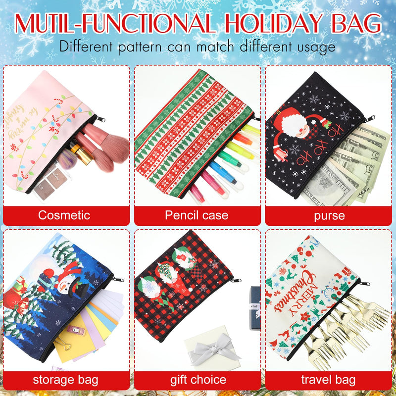 Abbylike 40 Pcs Christmas Gift Makeup Bags Buffalo Plaid Holiday Cosmetics Bag with Zipper Xmas Gnomes Elk Snowman Goodie Portable toiletry Pouch with Dwarf Santa Claus for Women Travel Christmas Theme