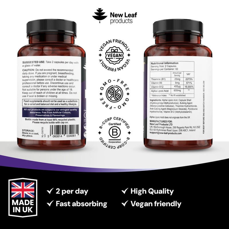 Alpha Lipoic Acid Complex with Vitamin B12, B6 & Thiamine 600mg ALA Daily Serving, 120 Capsules, 2 Month Supply - B Vitamins Contribute to Normal Nervous System Function, Neuropathy & Nerve Support