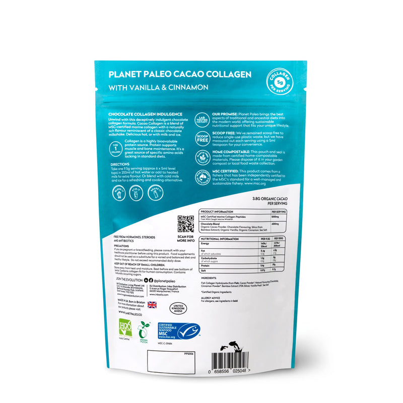Planet Paleo Marine Collagen with Cacao (285g, 30 Servings) - MSC Certified, Wild Caught Marine Collagen | Type 1 Collagen, Protein-Rich, for Healthy Skin, Hair and Nails, Tissue Repair
