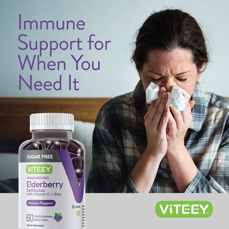 Viteey Sambucus Elderberry Gummies for Adults & Teens + Zinc & Vitamin C | Sugar Free - Immune Support & Booster Herbal Supplement - Vegan, Gluten Free, Gelatin Free, GMO Free, Chewable Berry Flavored 60 Count (Pack of 2)