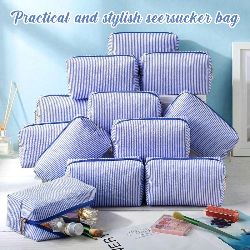 Sanwuta 12 Pcs Seersucker Cosmetic Bags Bulk, Striped Zippered,Blue | Makeup Bags Women Pouch, Large Preppy Storage Toiletry Travel Pouch for Wedding Bridesmaid Bride Favor Back to Teacher Gift Blue 1