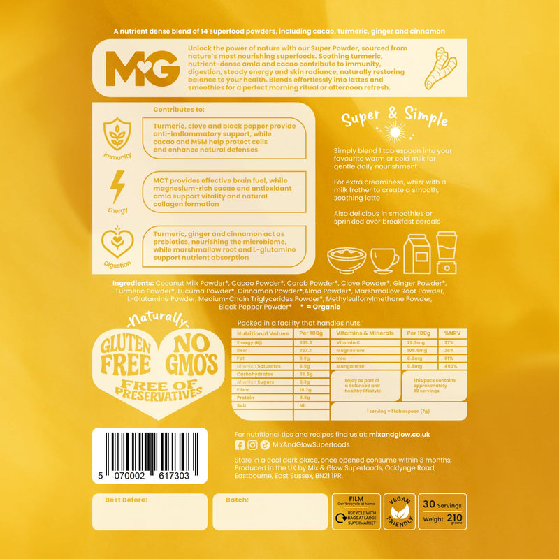 Mix & Glow Super Powder | 14 Advanced Superfoods, Prebiotic Herbs, Greens and Adaptogens Including Turmeric, MCT Oil & Cacao | Vegan & Gluten Free | 30 Servings | Natural Radiance