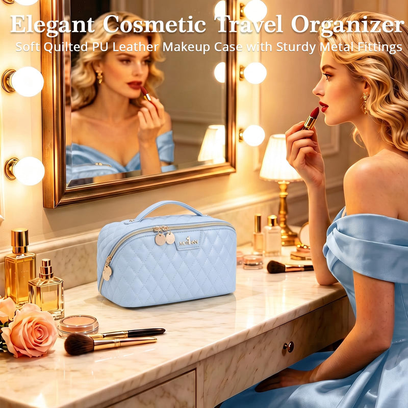 Travel Makeup Bags Cosmetic Organizer: 3Pcs Set Puffy Make up Bag for Women | Blue Premium Quilted ELEGANCE Design | Large Capacity Leather Toiletry Bags | Wide Open Compact Case for Travel Essentials 03 Blue