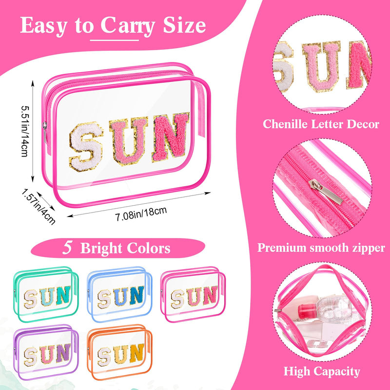Kacctyen 20 Pcs Clear Sun Makeup Bags Bulk 5 Colors Sunscreen Pouch Beach Pool Waterproof Toiletry Cosmetic Bags Set Preppy Chenille Letter Patch Zip Organizer Girls Summer Vacation Gifts Essentials