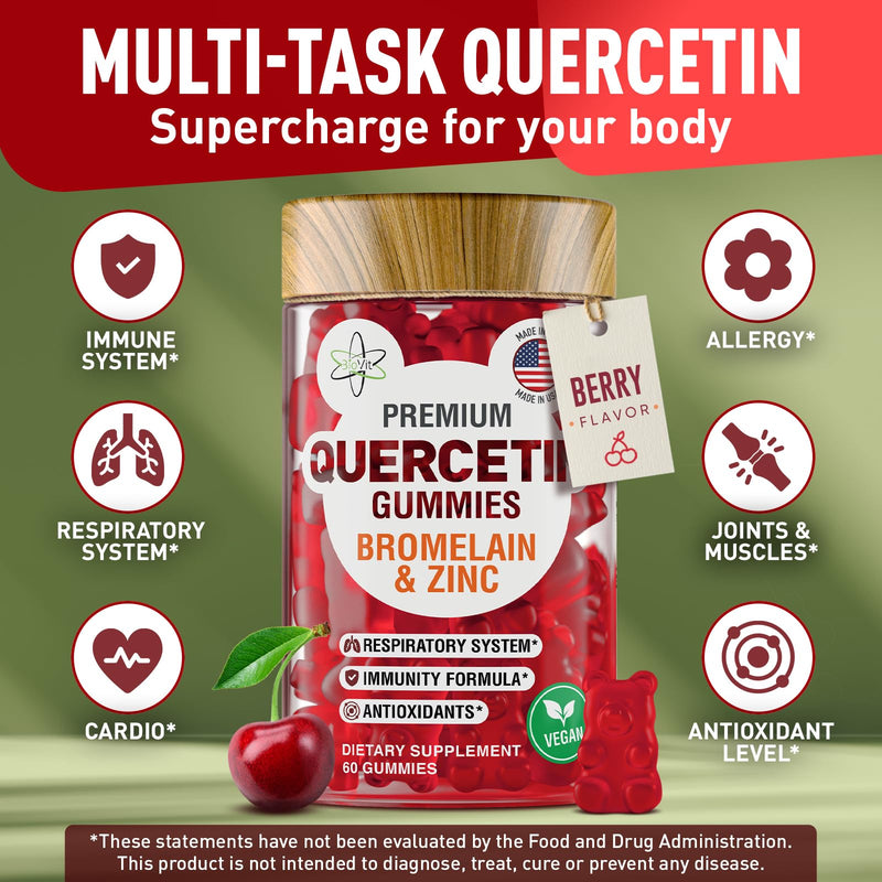 BioVit Quercetin Gummies 500MG - Activated Quercetin for Kids & Adults Immune System & Allergy - Chewable with Bromelain, Zinc, Vitamin C, Vitamin D3 - Made in USA - 60 Vegan Gummy Bears