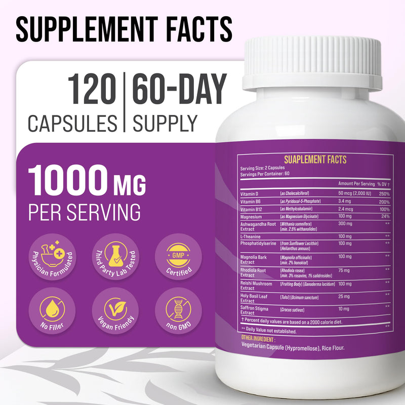 Cortisol Support Supplement for Women & Men | Ashwagandha, Magnesium Glycinate, L-Theanine & Rhodiola | Supports Healthy Cortisol Levels, Relaxation, Calm Mood & Mental Clarity | 120 Vegan Capsules