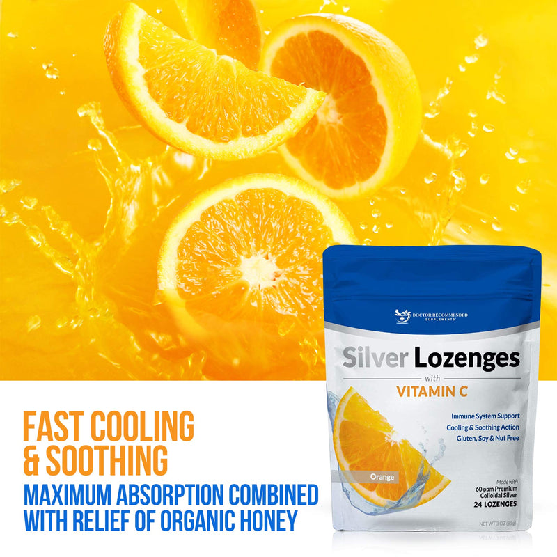 [Australia] - Silver Lozenges with Vitamin C - Premium Nano Silver 60 PPM Colloidal Silver, Organic Honey and Vitamin C Mineral Supplement Drops to Support Immune System, Soothe Cough & Throat - 24 Orange Lozenges 24 Count (Pack of 1) 