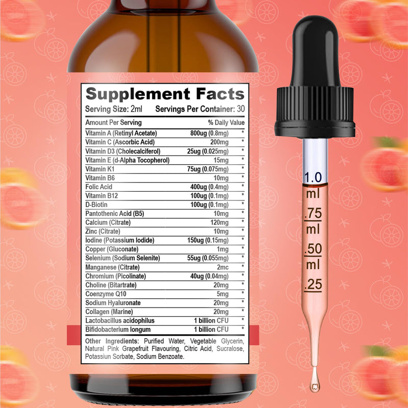 Multivitamins & Minerals for Women 30 Plus - Daily Vitamins A C D E K B Complex, Iron & Zinc - Smooth Pink Grapefruit Flavour - Liquid Multivitamin for Women - Alternative to Tablets & Gummies - 60ml