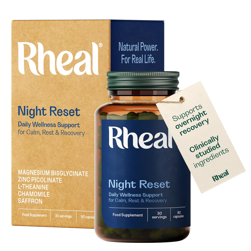 Rheal Night Reset – 90 Magnesium Capsules, Sleep Focused Formula with Magnesium Bisglycinate, Saffron, L‑Theanine & Chamomile to Support Relaxation & Restful Sleep (30 Servings)