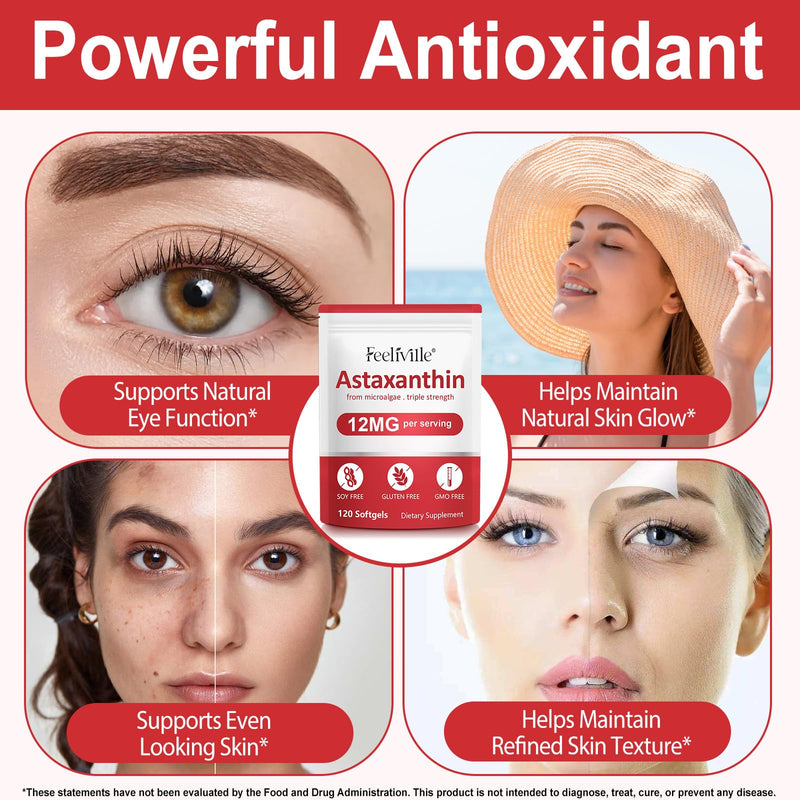 Astaxanthin Supplements, Premium Astaxanthin 12mg, Supports Eye, Skin, Joint, Brain, Heart & Immune System Health, Fresh Haematococcus Pluvialis, Non-GMO | No Gluten (2PCS) 2pcs