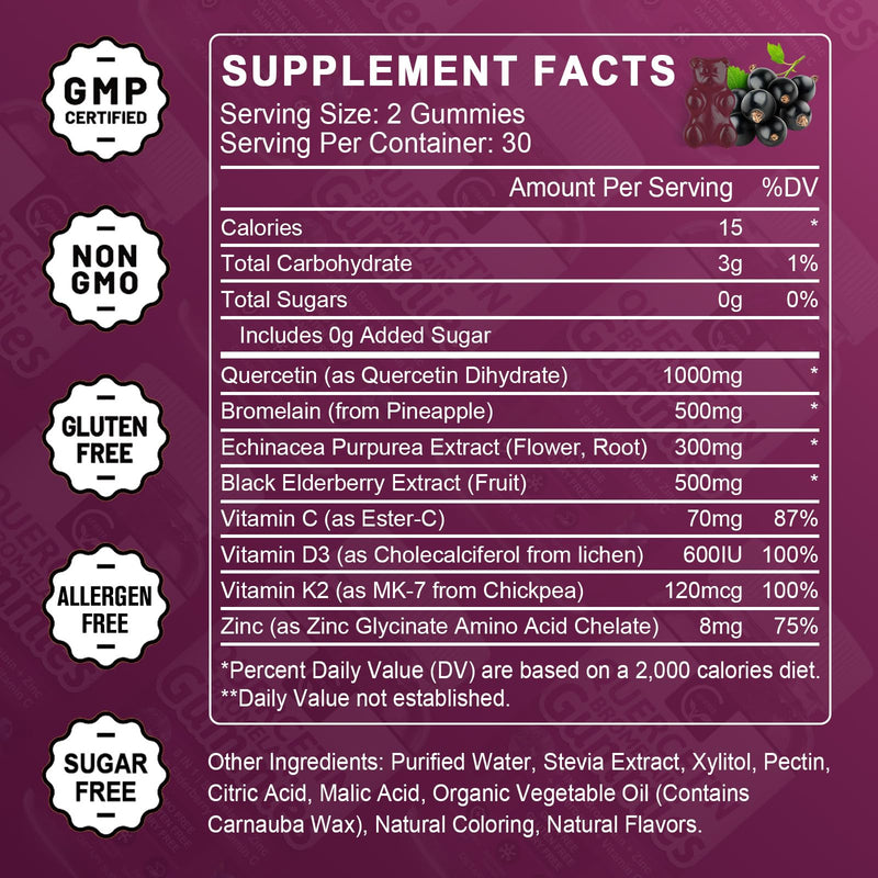 Quercetin Gummies with Bromelain 2378mg - Blend with Elderberry, Echinacea Purpurea Extract, Zinc, Vitamin C,D3,K2, Complex Supports Immune, Cardiovascular & Respiratory, Vegan Gummy for Adult & Kid | Quercetin Supplement with Echinacea for Cardiovascu...