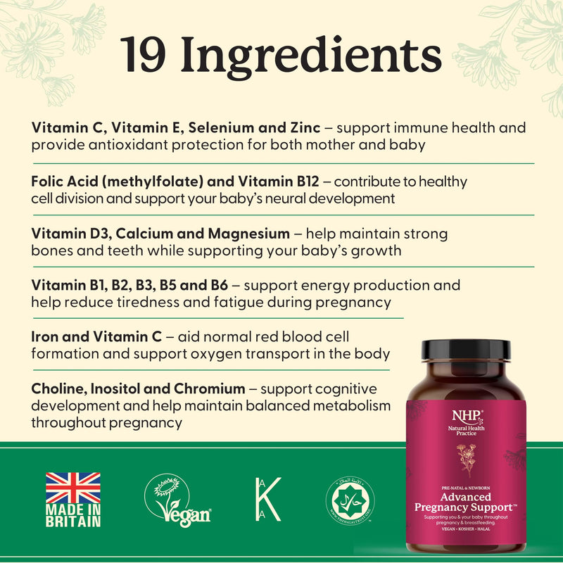 NHP Advanced Pregnancy Support - Multivitamin & Minerals for Healthy Pregnancy - Folic Acid, Iron, B Vitamins, Vitamin D3, Calcium & Magnesium -Vegan, Kosher, Halal - 60 Vegan Capsules