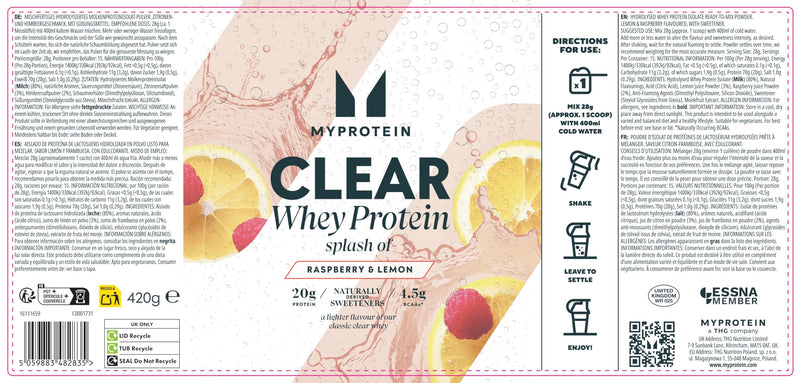 Myprotein Clear Whey Splash Protein Powder | 20g Protein Per Serving | Hydrolysed Whey Isolate | Low Calorie, Zero Sugar Clear Protein Drink | Refreshing Protein Juice (Raspberry & Lemon) Raspberry & Lemon
