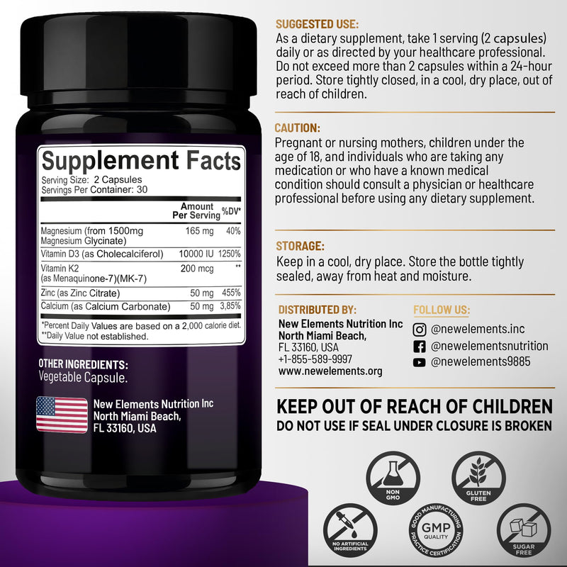 Vitamin D3 K2 Magnesium with Zinc & Calcium | Magnesium Glycinate 1500mg | D3 10,000 IU | K2 200mcg | Calcium 50mg | Zinc 50mg | Bone, Muscle & Immune Support for Women & Men - Vegan - Non-GMO