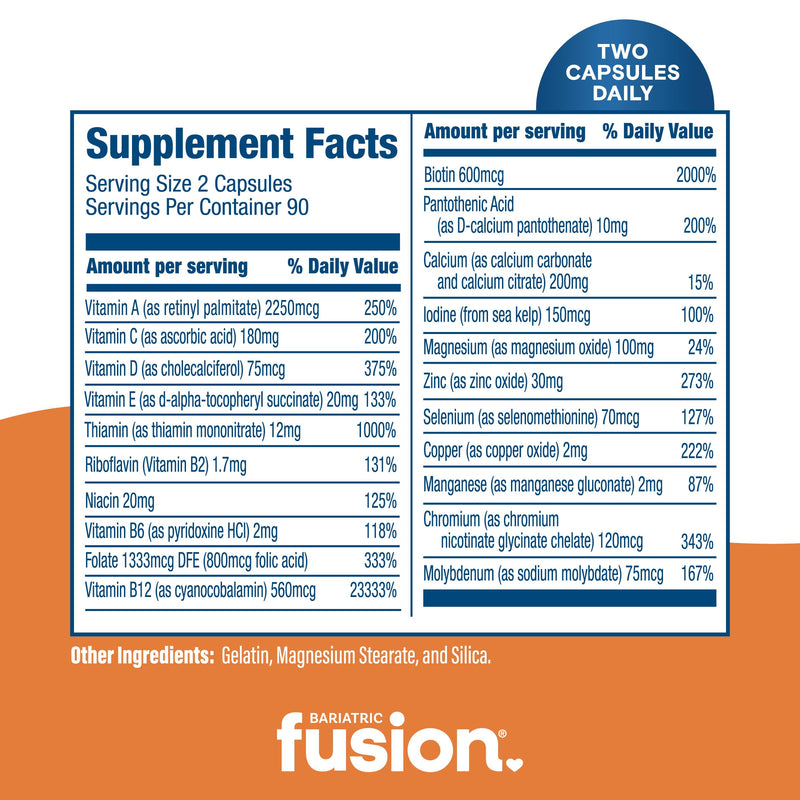 Bariatric Fusion Bariatric Multivitamin Without Iron | Post Bariatric Surgery Patients | Iron Free Bariatric Vitamin for Gastric Bypass and Sleeve Gastrectomy | 180 Capsules | 3 Month Supply 180 Count (Pack of 1)