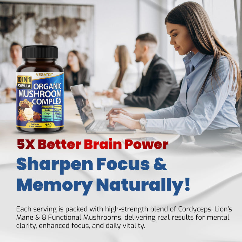 [Australia] - 10 in 1 High Strength Mushroom Supplement - Lions Mane, Cordyceps, Reishi - Brain Supplements for Memory and Focus ** 5-Month Supply 