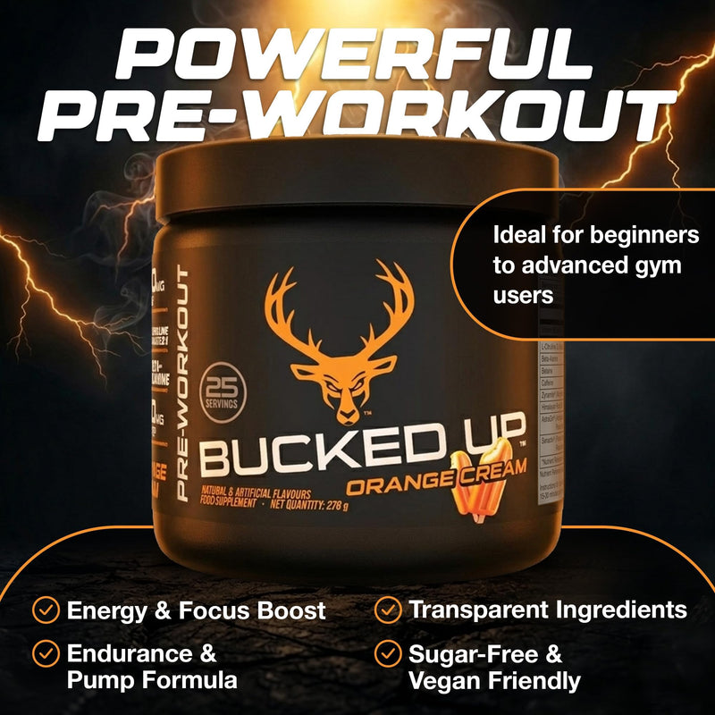 Bucked Up Pre-Training Powder | Performance Supplement with Beta-Alanine, Citrulline Malate & Caffeine | Sugar Free | Orange Cream Flavour| 25 Servings