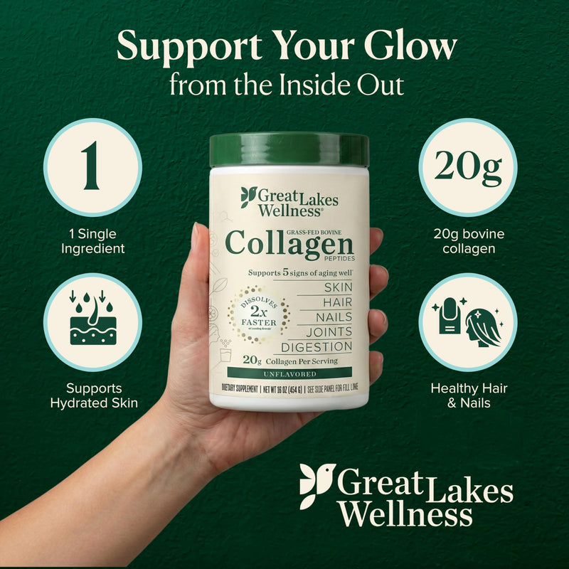 Great Lakes Wellness Collagen Peptides Powder – Supports Skin, Hair, Nails, Joints & Digestion – Hydrolyzed, Non-GMO, Keto & Kosher – Pure Collagen Protein (16 oz, 22 Servings) Packaging may vary Unflavored 22 Servings (16 Ounce, Pack of 1)
