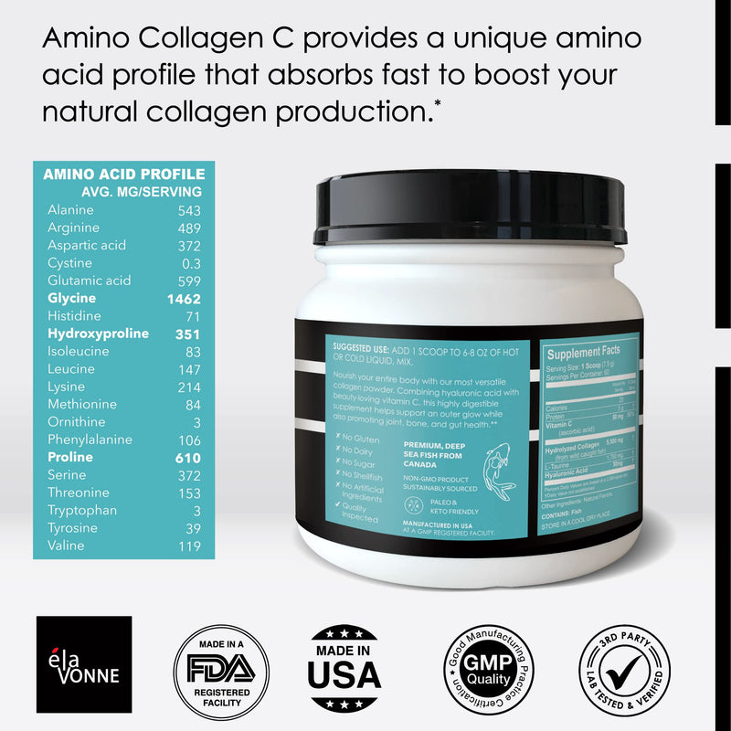 Amino Collagen C with Hyaluronic Acid (60 Servings 16oz_456g) - Non-GMO Marine Collagen Peptides - Hydrolyzed Powder - Unflavored - No Sugar - for Firm Skin, Hydration, and reducing fine Lines