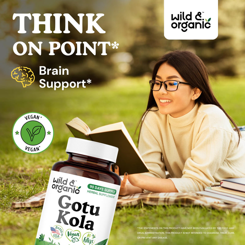 [Australia] - Wild & Organic Gotu Kola Capsules 600 mg - Brain & Focus Support - Gotu Kola Powder Supplement - Gotu Kola Extract - 90 Days of Supply - Vegan, No Fillers, Non-GMO - 90 Count 