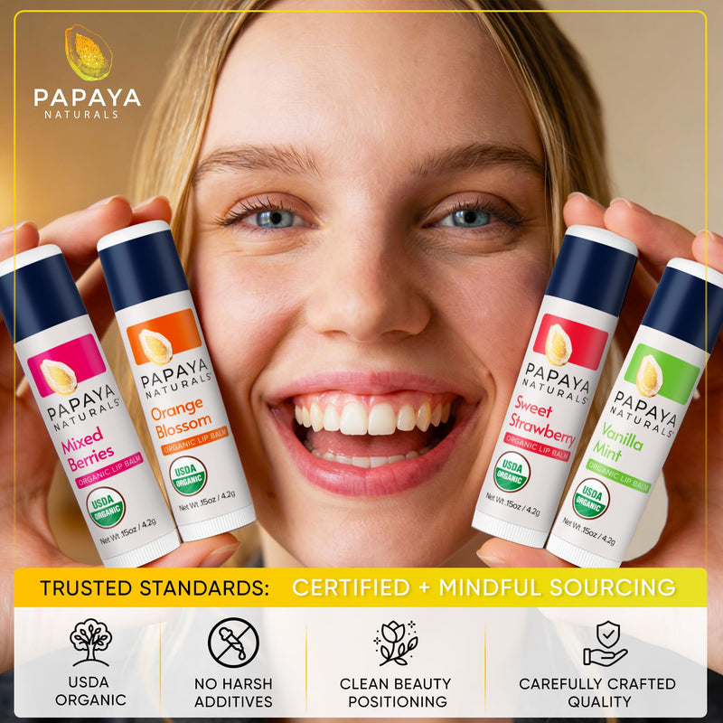Papaya Naturals USDA Organic Lip Balm Set, 6 Pack – Organic Beeswax, Cocoa Butter & Vitamin E Lip Balm for Dry Lips – Moisturizing Natural Lip Care with Assorted Fruit Flavors