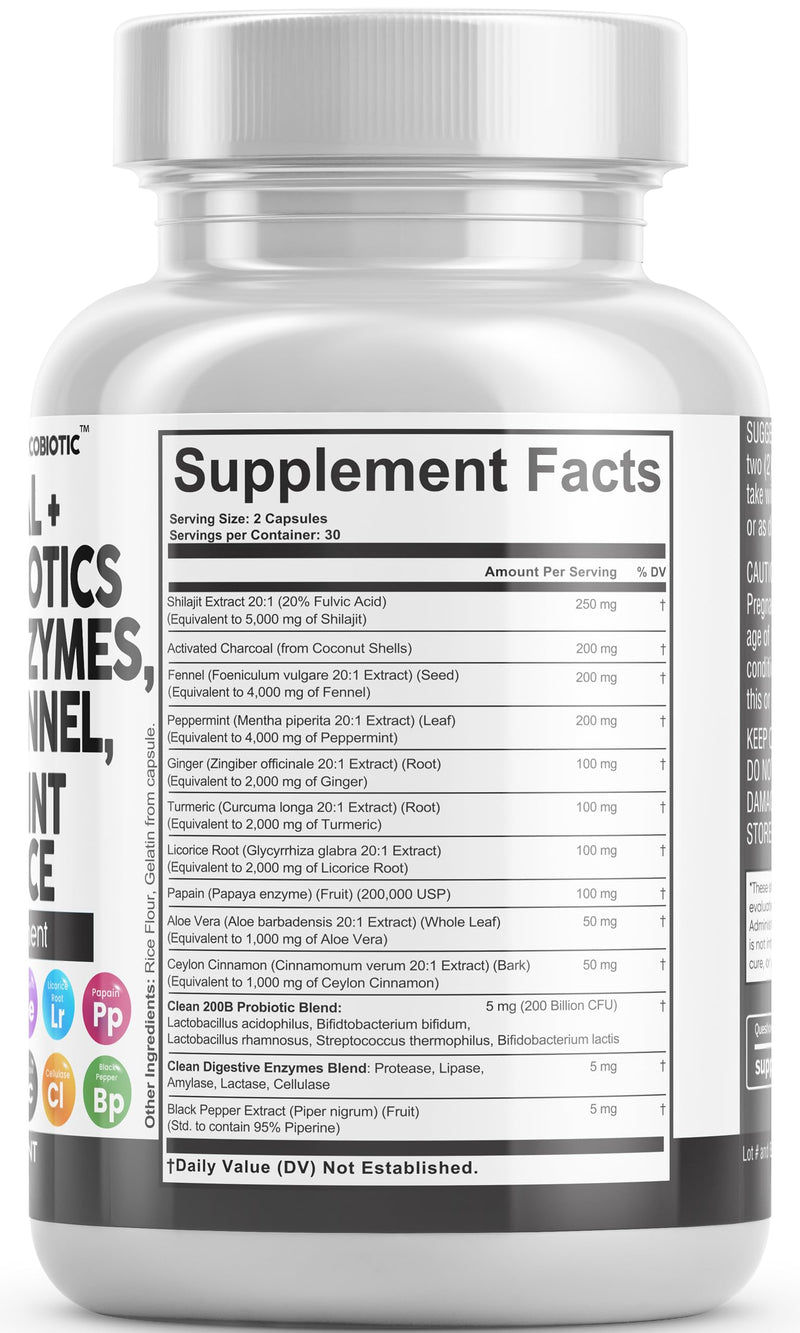 [Australia] - Clean Nutra Activated Charcoal Capsules Shilajit 5000mg Pills Probiotic 200 Billion + Digestive Enzymes for Digestive Health with Peppermint Fennel Licorice Papain Ginger Turmeric | Gut Health 