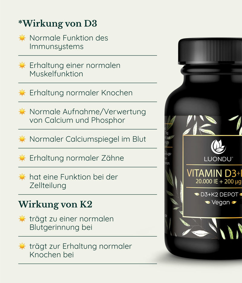[Australia] - Luondu Vitamin D3 20,000 IU + Vitamin K2 MK7 200 mcg Depot (High Dose & Vegan) High Dose I No Additives, Made in Germany (30 Capsules) 
