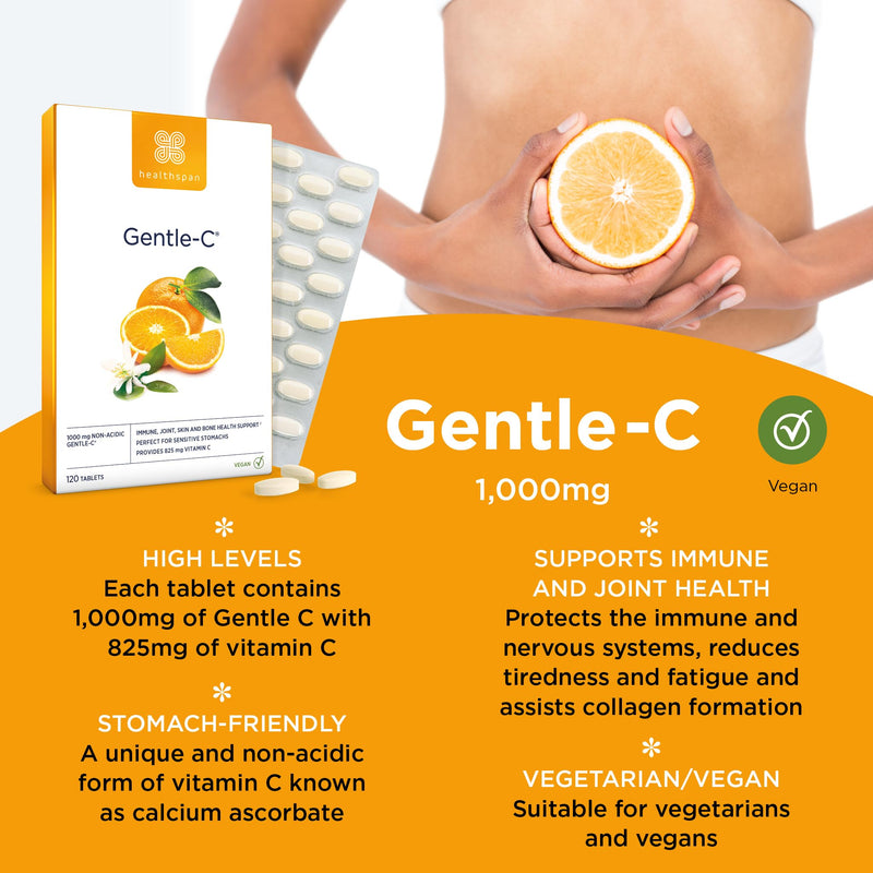 Healthspan Gentle Vitamin C 1,000mg | 120 Tablets | 1,000% NRV | Stomach Friendly Calcium Ascorbate | Immune & Joint Health | Vegan