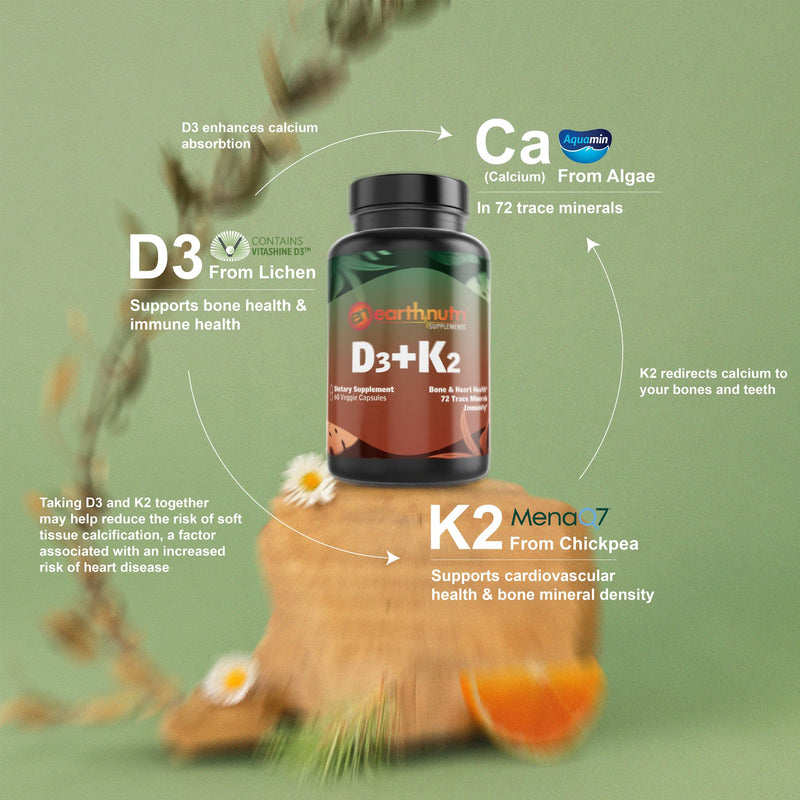 EarthNutri - Vitamin D3 Plus K2 Vitamin Supplement 5000 IU – Includes K2 from MENA Q7, D3 from Vitashine, Calcium from Aquamin & 72 Trace Minerals – for Immune, Bone & Heart Health - Non-GMO