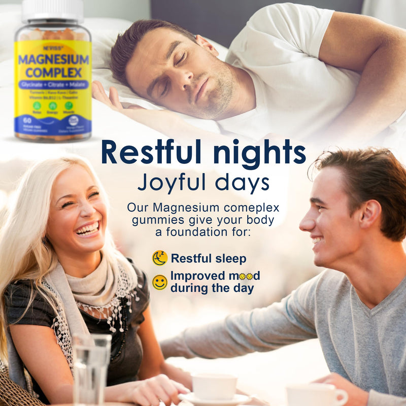 Magnesium Complex Gummies 400mg, Magneisum Glycinate Citrate Malate + Turmeric, GABA, B6 B12, Kava Kava, L-Theanine for Sleep, Calm, Relaxation, Energy, Magnesium Gummies for Women Men, Vegan, 60 Cts 60 Count (Pack of 1)